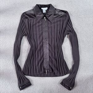 Cabi Sweater Women’s M Brown Full Zip Long Sleeve Ribbed Silk Cotton Blend Y2K